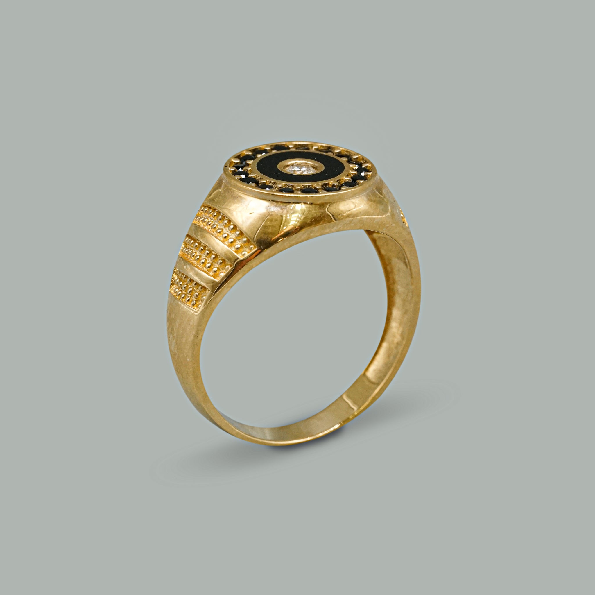 Herren Ring 14 Karat 585 Gelbgold mit schwarz/weißen Zirkonia & Emaille Steinen