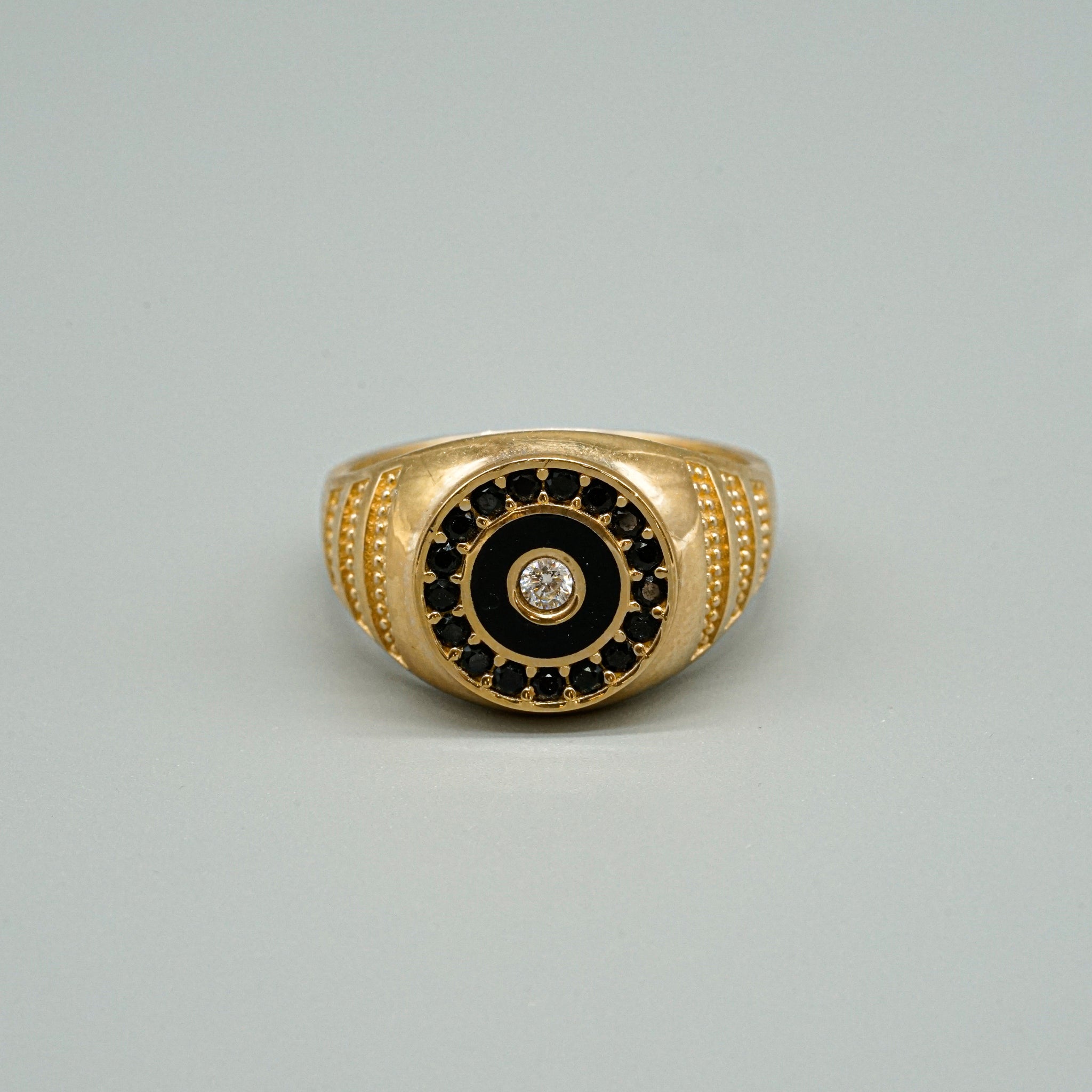 Herren Ring 14 Karat 585 Gelbgold mit schwarz/weißen Zirkonia & Emaille Steinen