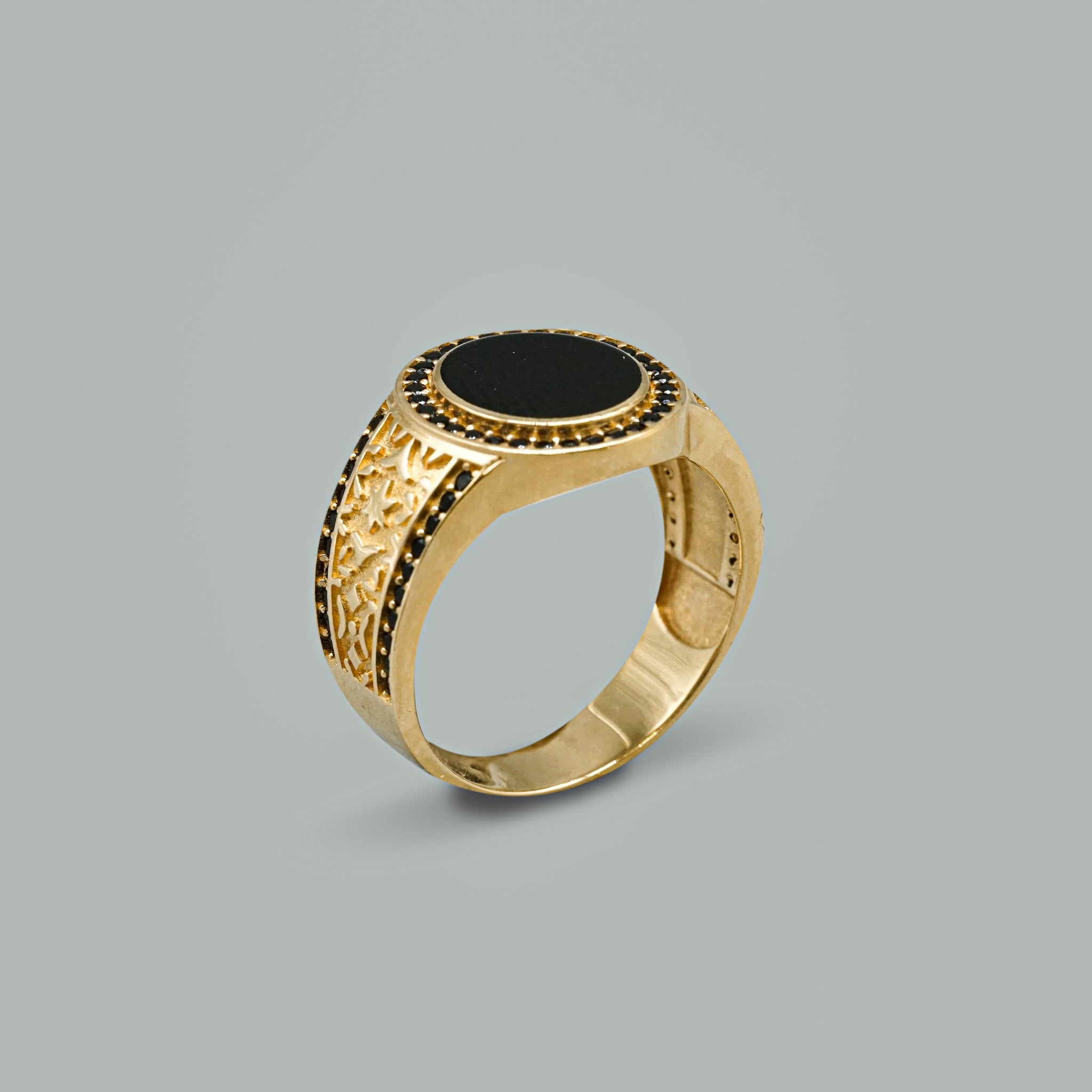 Herren Ring 14 Karat 585 Gelbgold mit schwarzen Zirkonia & Emaille Steinen